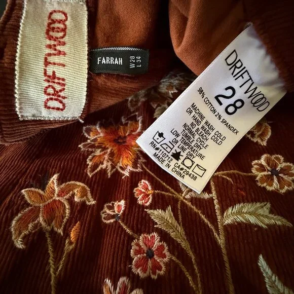 Free People x Driftwood Farrah Embroidered Cord Jeans Sz 28 - Picture 12 of 15